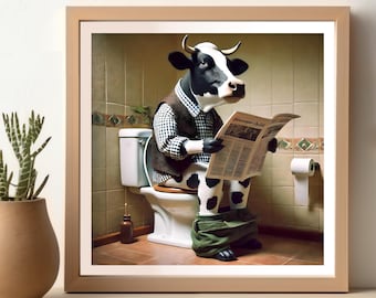 Cow Reading Newspaper in Toilet, Funny Cow Bathroom Poster, Wall Art for Bathroom Decor, Animal Artwork, Funny Bathroom Print
