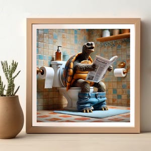 Turtle Reading Newspaper in Toilet, Funny Turtle Bathroom Poster, Wall Art for Bathroom Decor, Animal Artwork, Funny Bathroom Print