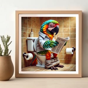 Parrot Reading Newspaper in Toilet, Funny Parrot Bathroom Poster, Wall Art for Bathroom Decor, Animal Artwork, Funny Bathroom Print