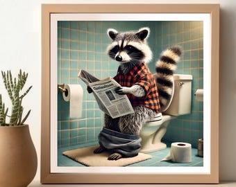 Wasbeer leest krant in toilet, grappige wasbeer badkamerposter, muurkunst voor badkamerdecor, dierenkunstwerk, grappige badkamerafdruk