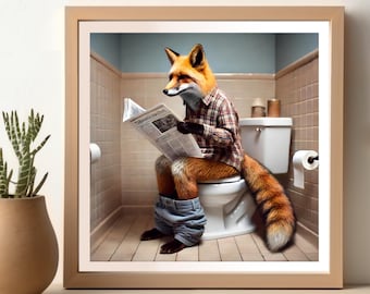 Zorro leyendo el periódico en el baño, divertido póster de zorro para el baño, arte de pared para la decoración del baño, obra de arte de animales, impresión divertida para el baño