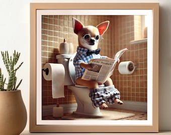 May include: A chihuahua wearing a blue and white plaid shirt, a bow tie, and glasses sits on a white toilet reading a newspaper titled "Leite Reviews".