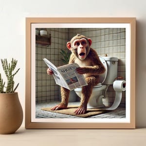 Monkey Reading Newspaper in Toilet, Funny Monkey Bathroom Poster, Wall Art for Bathroom Decor, Animal Artwork, Funny Bathroom Print