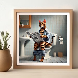May include: A tabby cat wearing a blue shirt and jeans sits on a white toilet in a bathroom, reading a newspaper titled "Soilet-Journal".