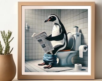 Penguin Reading Newspaper in Toilet, Funny Penguin Bathroom Poster, WallArt for Bathroom Decor, Animal Artwork, Funny Bathroom Print