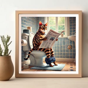 May include: A tabby cat wearing blue jeans sits on a white toilet in a bathroom, reading a newspaper titled "The New York Times".