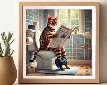 May include: A tabby cat wearing blue jeans sits on a white toilet in a bathroom, reading a newspaper titled "The New York Times".