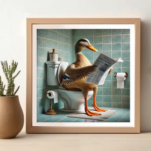 Duck Reading Newspaper in Toilet, Funny Duck Bathroom Poster, Wall Art for Bathroom Decor, Humor Animal Artwork, Funny Bathroom Print