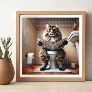Norwegischer Wald lesen Zeitung in Toilette, lustige Katze Badezimmer Poster, Wandkunst für Badezimmer Dekor, Tier Kunstwerk, lustiger Badezimmer Druck