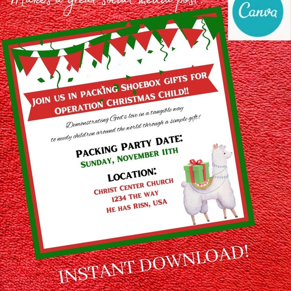 Digital Operation Christmas Child Packing Party invitation Packing shoeboxes social media facebook post instant download