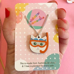 Cat Necklace in Sustainable Wood, Fishing Gifts for Women, Birthday Gift for Scuba Diving Girl or Snorkelling Gift for Her or Him.