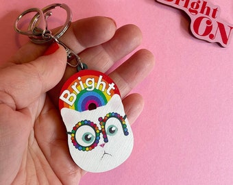 Brighton Keyring with Kitsch Cat, Rainbow Pride Keychain for Cat Lover, Eco Friendly Gifts for Men or Women.