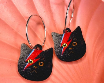 Black Cat Earrings on Silver Hoops, Sustainable Jewellery Gift for Cat Lovers or Cat Owner.