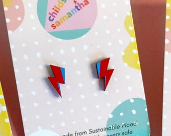 Lightning Mini Bolt Studs, Handmade Small Earrings made from Eco Wood, Birthday Jewellery Gift for Girlfriend or Wife.