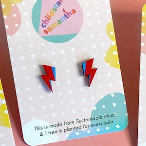 Lightning Mini Bolt Studs, Handmade Small Earrings made from Eco Wood, Birthday Jewellery Gift for Girlfriend or Wife. Red