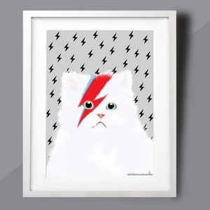 Grey Cat Picture Birthday Gift for David Bowie Fan in A3, A4, A5 or A6, Quirky Wall Art Home Decor Gift for Boyfriend or Girlfriend.