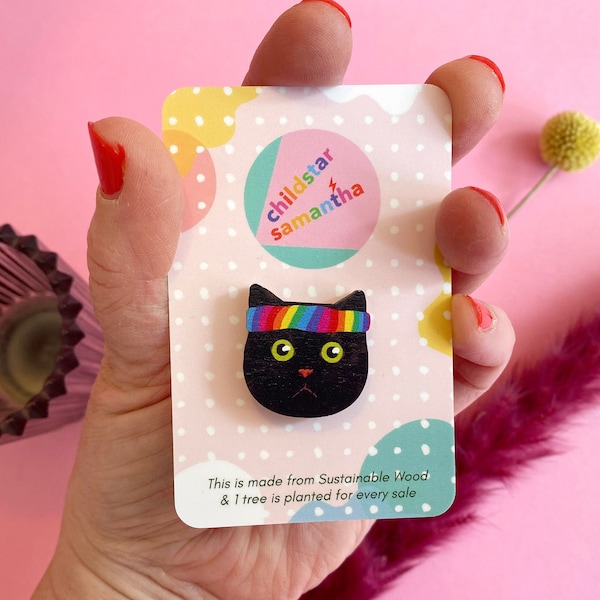 Black Cat Pin Badge with Rainbow Headband, Pride Jewellery Gift for Men or Women, Gym Jewellery for Her or Him.