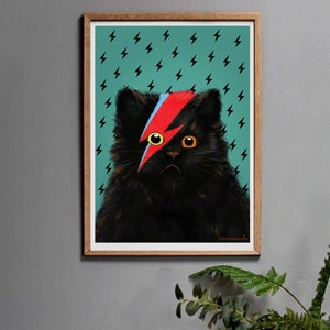 Black Cat Art Print, David Meowie Cat Art Work Gift for Men or Women in A3, A4, A5 or A6. Teal
