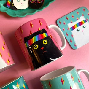 Rainbow Headband Cat Mug with Hand Sublimated Print for LGBTQ Pride or Cat Lovers' Birthday Present. Pink