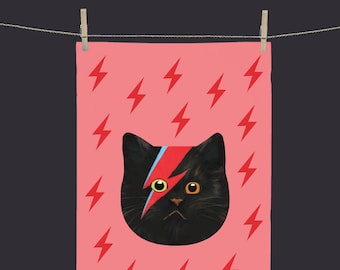 Black Cat Tea Towel in Yellow Ochre, Pink or Teal, Dopamine Gifting Birthday Present for Best Friend