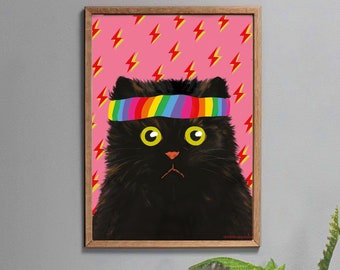 Black Cat Art Print, Rainbow Gym Lover or Sporty Birthday Gift for Men or Women in A3, A4, A5 or A6.