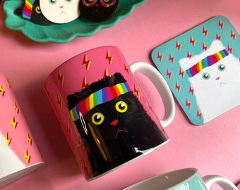 Rainbow Headband Cat Mug with Hand Sublimated Print for LGBTQ Pride or Cat Lovers' Birthday Present.