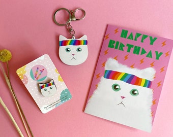 Rainbow Cat Gift Set with Card, Pin Badge, Keyring, Earrings, Necklace & Art Print, LGBTQ Pride Gift.