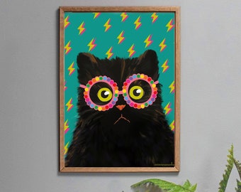 Black Cat Wall Art Decor, Retro Colourful Print with Cat Wearing Glasses, Cute Gift for Her or Him in A3, A4, A5 or A6.