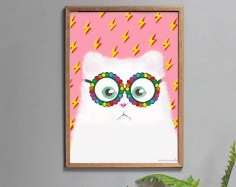 Pink Wall Art Print with Cat Wearing Glasses, Pretty Bedroom Decor for Teens, Birthday Gift for Girl or Boy in A3, A4, A5 or A6.