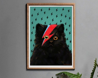 Black Cat Art Print, David Meowie Cat Art Work Gift for Men or Women in A3, A4, A5 or A6.