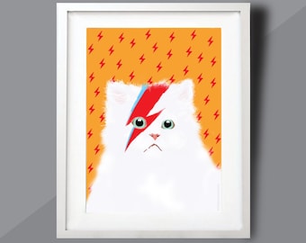 Oranger Katzendruck mit David Meowie Cat, Sunshine Wohnheim Dekor Geburtstagsgeschenke für Katzenliebhaber.
