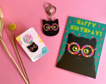 Black Cat Wearing Glasses Gift Box with Birthday Card, Keyring, Jewellery & Wall Art Print, Birthday Present for Him or Her.