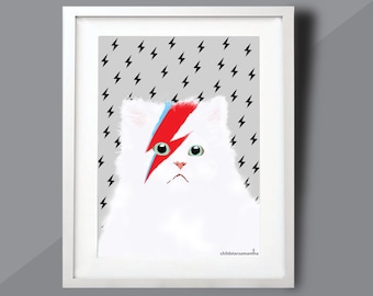Graue Katze Bild Geburtstagsgeschenk für David Bowie Fan in A3, A4, A5 oder A6, Quirky Wand Kunst Home Decor Geschenk für Freund oder Freundin