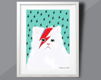 Meowie Cat Art Print, op David Bowie geïnspireerd, cadeau kattenliefhebber