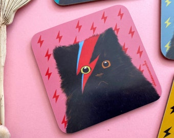 Pink Coaster with Black Cat Picture, Fun Desk Accessories or Coffee Table Decor for New Home Gift.
