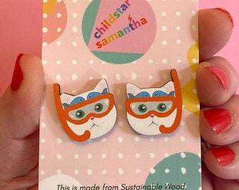 Eco Wooden Earrings with Snorkel Kitty, Cat Earrings Studs for Scuba Diver or Women who Like Fishing.