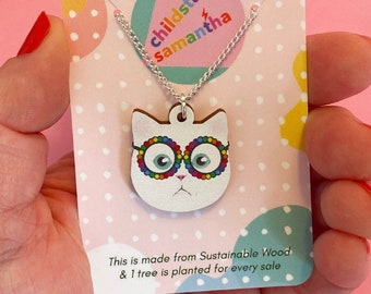 Cat Wearing Glasses Pendant Necklace, Birthday Gift for Women Who Wear Glasses or Men Who Love Cats, Sustainable Gifts for Her or Him.