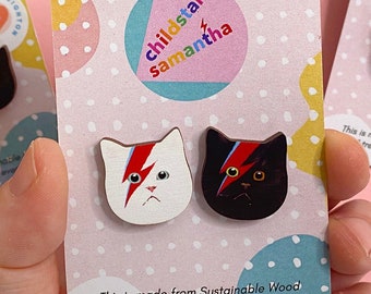 Cat Earrings Studs with Lightning Bolt, Ziggy Stardust Gift for Girlfriend, Sustainable Wood Eco Jewellery.