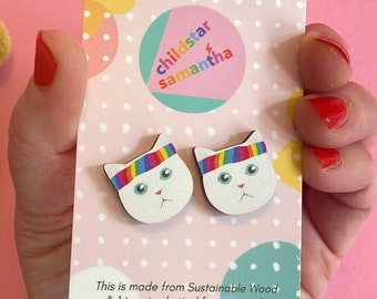 Retro 80s Earrings with Cute Cats, Rainbow Earrings Studs, Eco Friendly Handmade Jewellery UK.