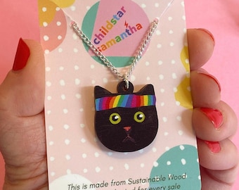 Black Cat Necklace Pendant for Sporty Jewellery Gift, Rainbow Pride Necklaces for Women or Men.