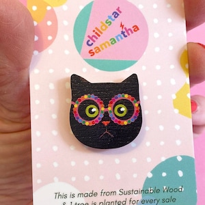 Cat With Glasses Pin Badge, Spectacles Kitty Laser Cut Wood Brooch, Birthday Gift for Cat Mum or Cat Dad.