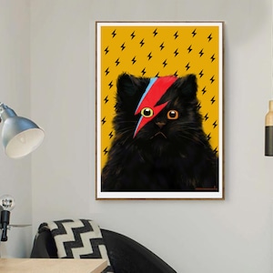 Ochre Print of Grumpy Black Cat with David Bowie Lightning Bolt, Mustard Wall Art Birthday Present for Him or Her.