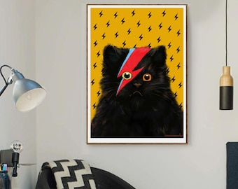 Ockerfarbener Druck der schwarzen Katze mit David Bowie Blitz, senffarbenes Wandbild, Kunst, Geburtstagsgeschenk für Sie oder Ihn.