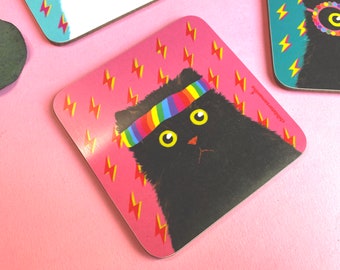 Rainbow coaster with black cat or white cat, whimsical pet-themed drink coasters for LGBTQ+ gifting