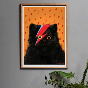 Black Cat Art Print, David Meowie Cat Art Work Gift for Men or Women in A3, A4, A5 or A6. Orange