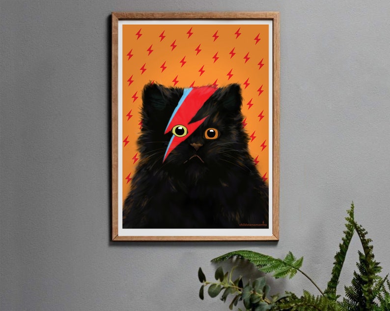 Black Cat Art Print, David Meowie Cat Art Work Gift for Men or Women in A3, A4, A5 or A6. Orange