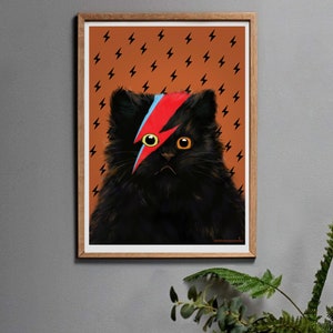 Black Cat Art Print, David Meowie Cat Art Work Gift for Men or Women in A3, A4, A5 or A6. Brown