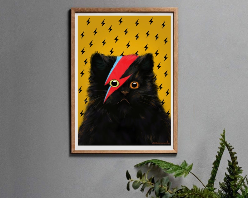 Grey Cat Art Print with Meowie Black Cat, Living Room Art Prints Birthday Gift for Friend, Him or Her in the UK. Yellow