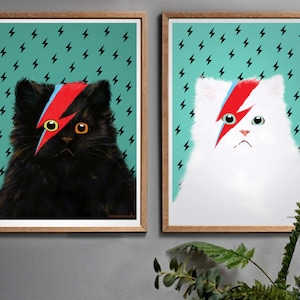 Set of 2 Wall Art Prints featuring White and Black Cats, Teal and Turquoise Cat Picture, Birthday Present for Him or Her.
