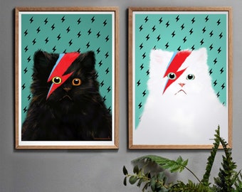 Set of 2 Wall Art Prints featuring White and Black Cats, Teal and Turquoise Cat Picture, Birthday Present for Him or Her.